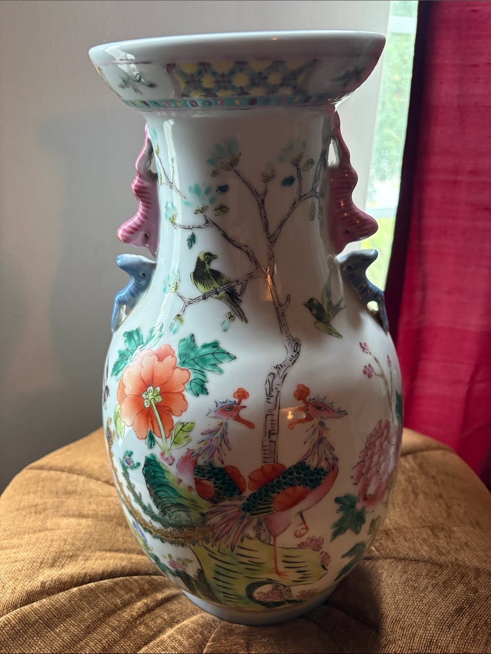 Vintage Oriental Jardiniere Painted Porcelain Vase with Peacock & Floral Motif